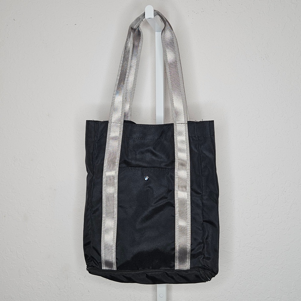 BMW Black Nylon Expandable‎ Tote Bag Silver Webbing Straps Front Pocket Logo